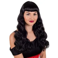 Lange Schwarze Rockabilly Perücke